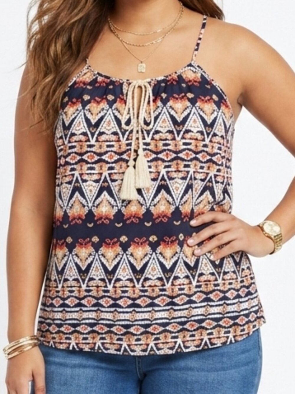 Boho Geometric Aztec Camisole Tank Top Tassels Beach Tribal Flowy Festival L